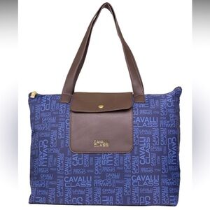Cavalli Class Large Tote Bag in Navy Blue with Signature Lettering NEW